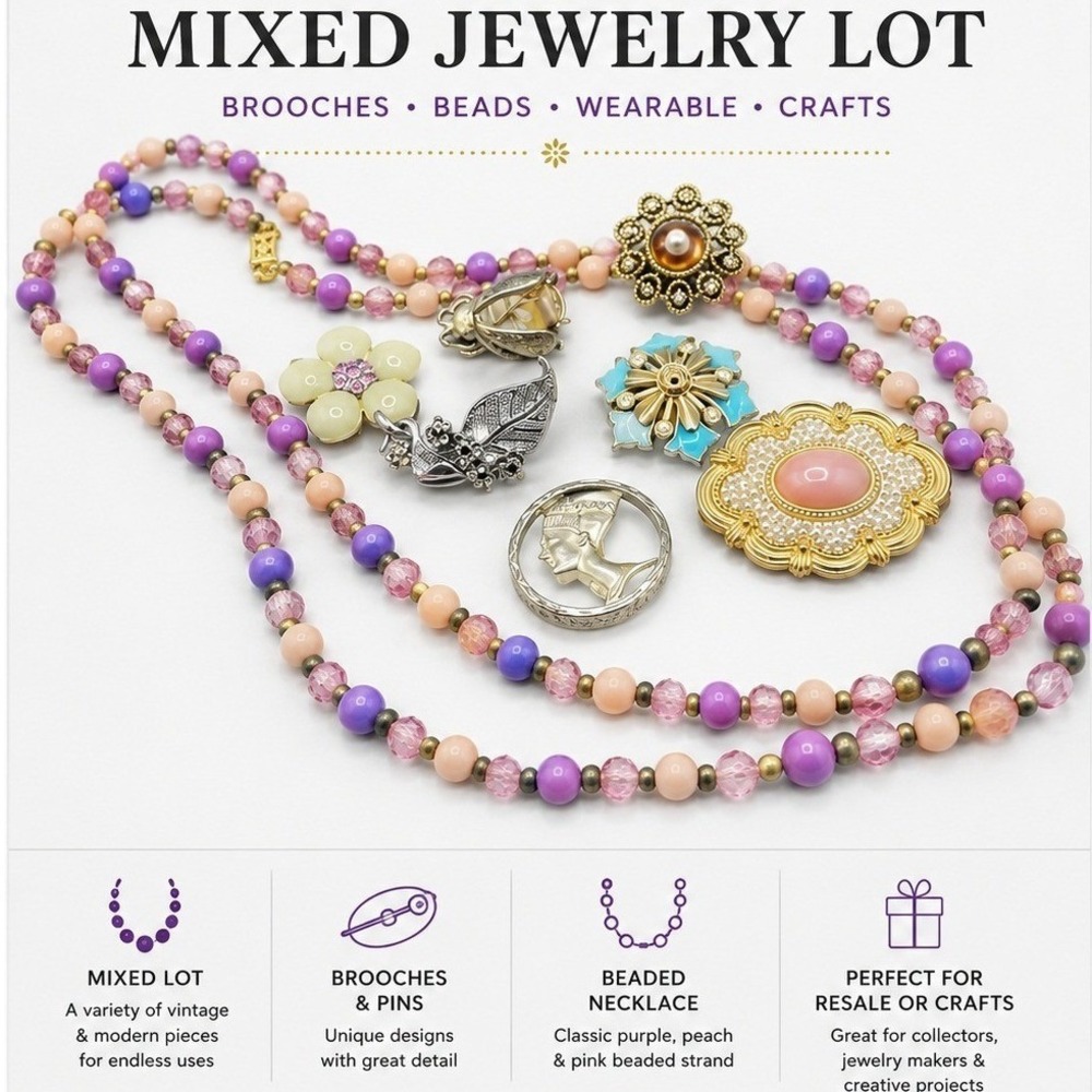 Vintage Modern Mixed Jewelry Lot Beaded Necklace Brooches Pins‎ Nefertiti Beetle